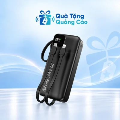 AKUS A20 Pro màu đen với hai cáp tích hợp trên nền thương hiệu