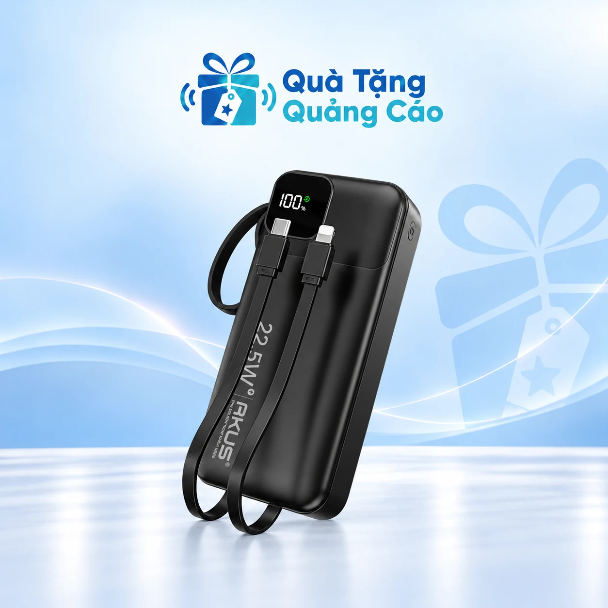 AKUS A20 Pro màu đen với hai cáp tích hợp trên nền thương hiệu AKUS A20 Pro màu đen với hai cáp tích hợp trên nền thương hiệu