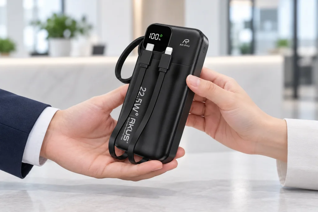 Minh họa trao pin AKUS A20 Pro in logo AN PHU
