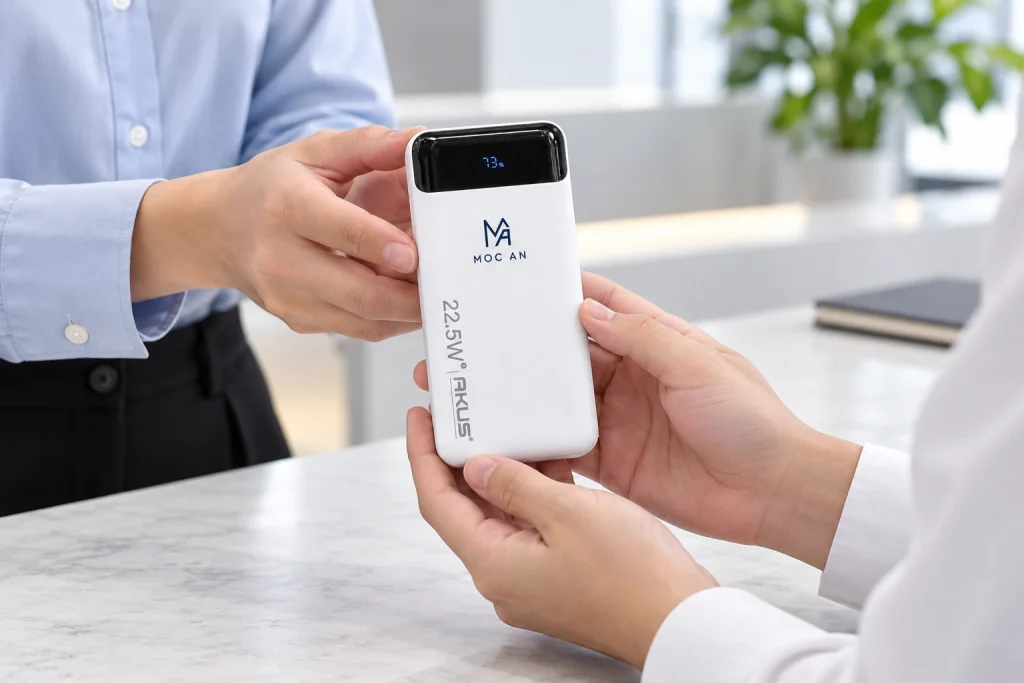 Minh họa trao AKUS DP136 trắng in logo làm quà