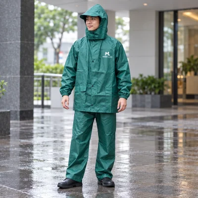 Minh họa người mặc bộ áo mưa xanh lục với nhận diện trắng ML MINH LOC trên ngực áo