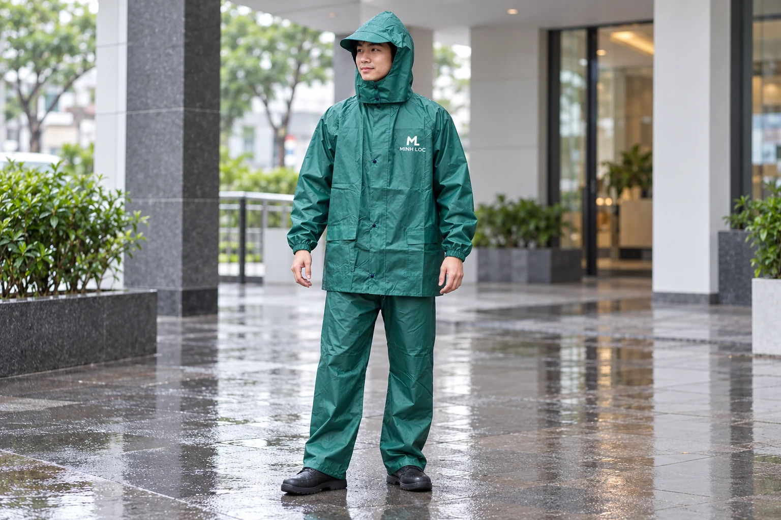 Minh họa áo mưa in nhận diện MINH LOC Minh họa người mặc bộ áo mưa xanh lục với nhận diện trắng ML MINH LOC trên ngực áo