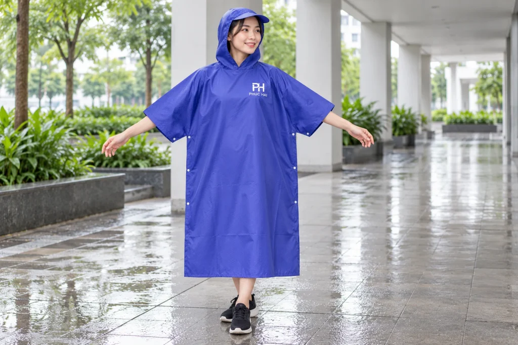 Minh họa người mặc áo mưa cài cạnh xanh tím với nhận diện PH PHUC HAI màu trắng