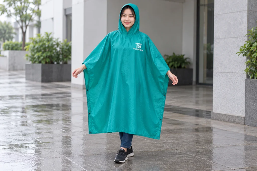 Minh họa người mặc poncho xanh ngọc in nhận diện TS TRUONG SON màu trắng