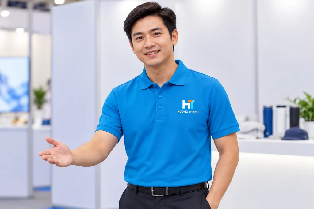 Minh họa người mặc polo xanh in nhận diện HT HUONG THANH ba màu trên ngực