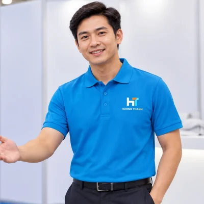 Minh họa người mặc polo xanh in nhận diện HT HUONG THANH ba màu trên ngực