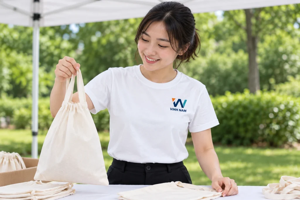 Minh họa người mặc áo thun trắng cổ tròn in nhận diện VN VINH NAM ba màu