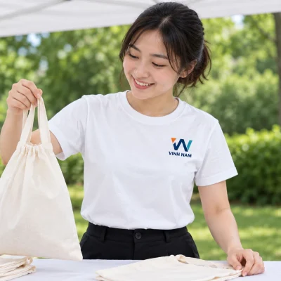 Minh họa người mặc áo thun trắng cổ tròn in nhận diện VN VINH NAM ba màu