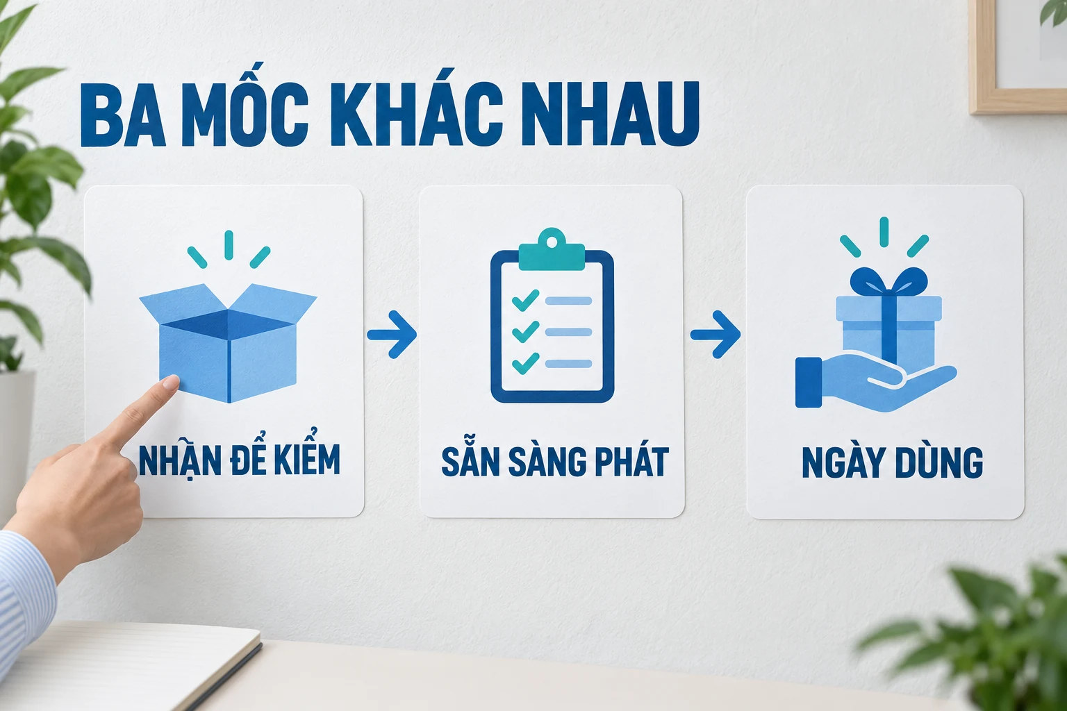 Ba thẻ Nhận để kiểm, Sẵn sàng phát và Ngày dùng nối theo thứ tự