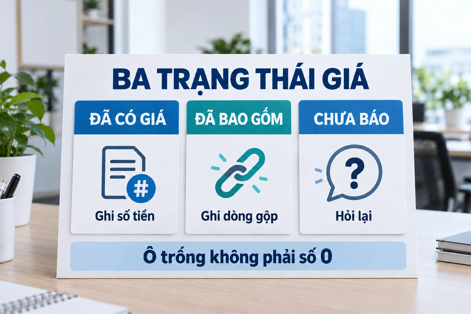Ba thẻ Đã có giá, Đã bao gồm và Chưa báo với dòng Ô trống không phải số0