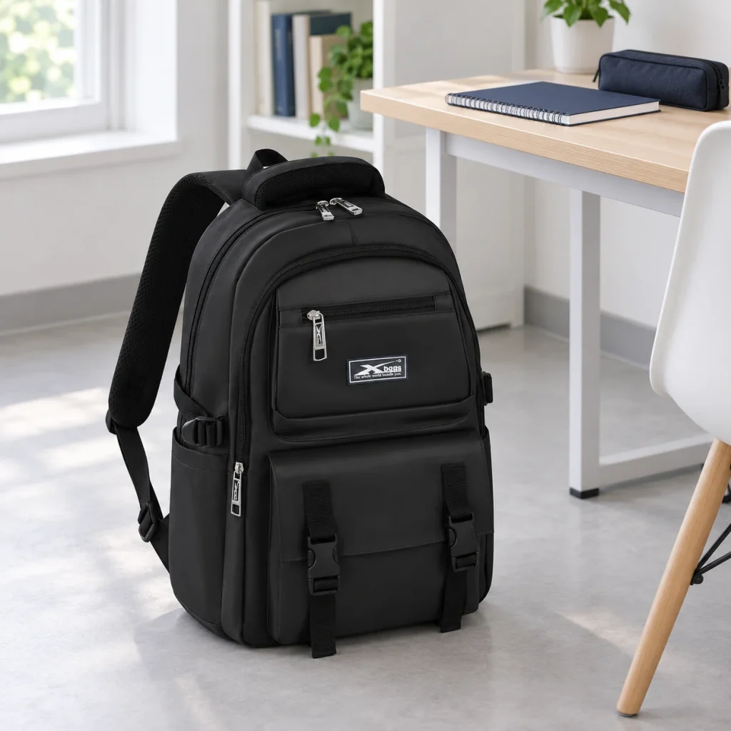 Balo XBag 02 đen đặt riêng cạnh sổ và đồ dùng học tập
