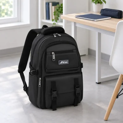 Balo XBag 02 đen đặt riêng cạnh sổ và đồ dùng học tập