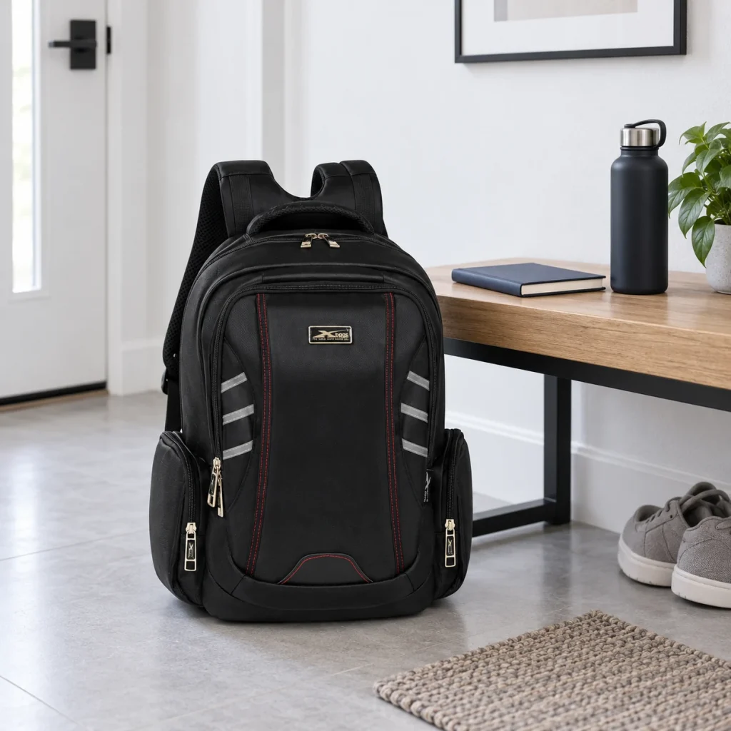 XBag 03 đen chỉ đỏ đặt riêng cạnh sổ và bình nước ở góc chuẩn bị đồ