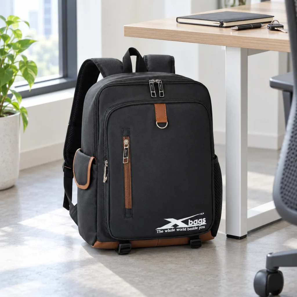 Balo XBag 04 đứng cạnh bàn làm việc với sổ và chìa khóa bày riêng