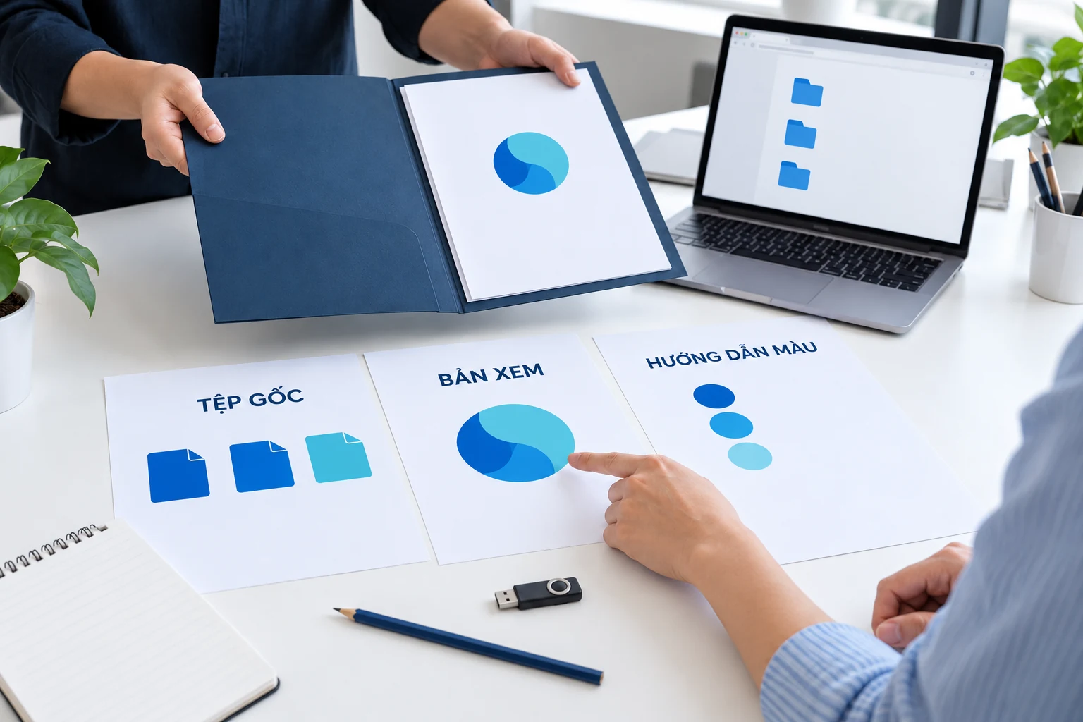 Hai người đối chiếu giấy Tệp gốc, Bản xem và Hướng dẫn màu trên bàn