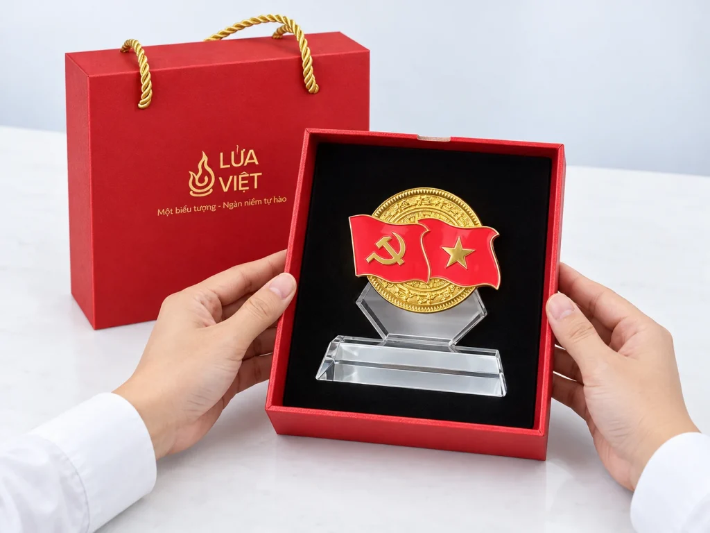 Minh họa mở hộp diêm định hình quai xách của biểu trưng Lửa Việt 10 × 9 cm