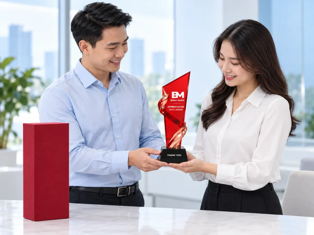 Minh họa trao biểu trưng pha lê K9 đế đen trong buổi tri ân với hộp đỏ bên cạnh