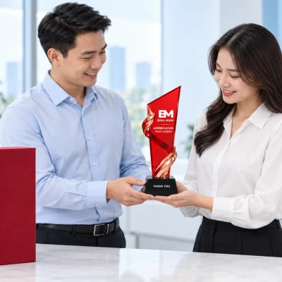 Minh họa trao biểu trưng pha lê K9 đế đen trong buổi tri ân với hộp đỏ bên cạnh
