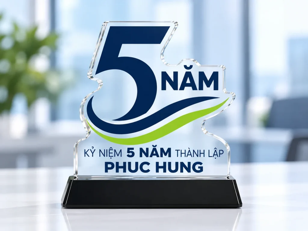 Minh họa tên PHUC HUNG phía dưới thông điệp kỷ niệm 5 năm trên thân pha lê