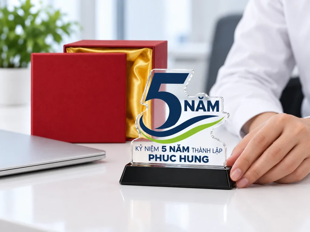 Minh họa biểu trưng pha lê 5 năm cao 13 cm đặt trên bàn cạnh hộp đỏ lót vàng