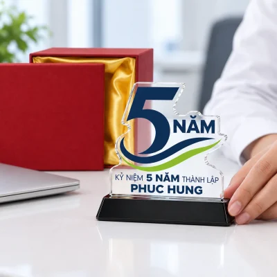 Minh họa biểu trưng pha lê 5 năm cao 13 cm đặt trên bàn cạnh hộp đỏ lót vàng