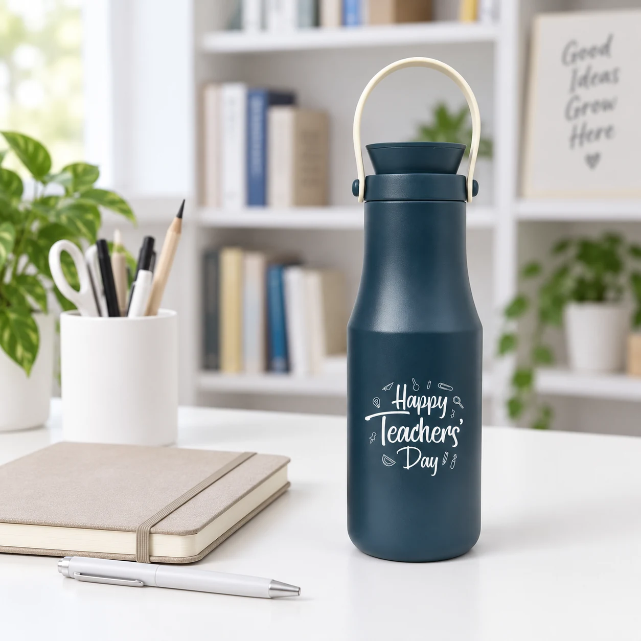 Minh họa bình xanh 480 ml quai kem tại bàn làm việc bên sổ và bút Minh họa bình xanh đậm 480 ml quai kem cạnh sổ và bút trên bàn