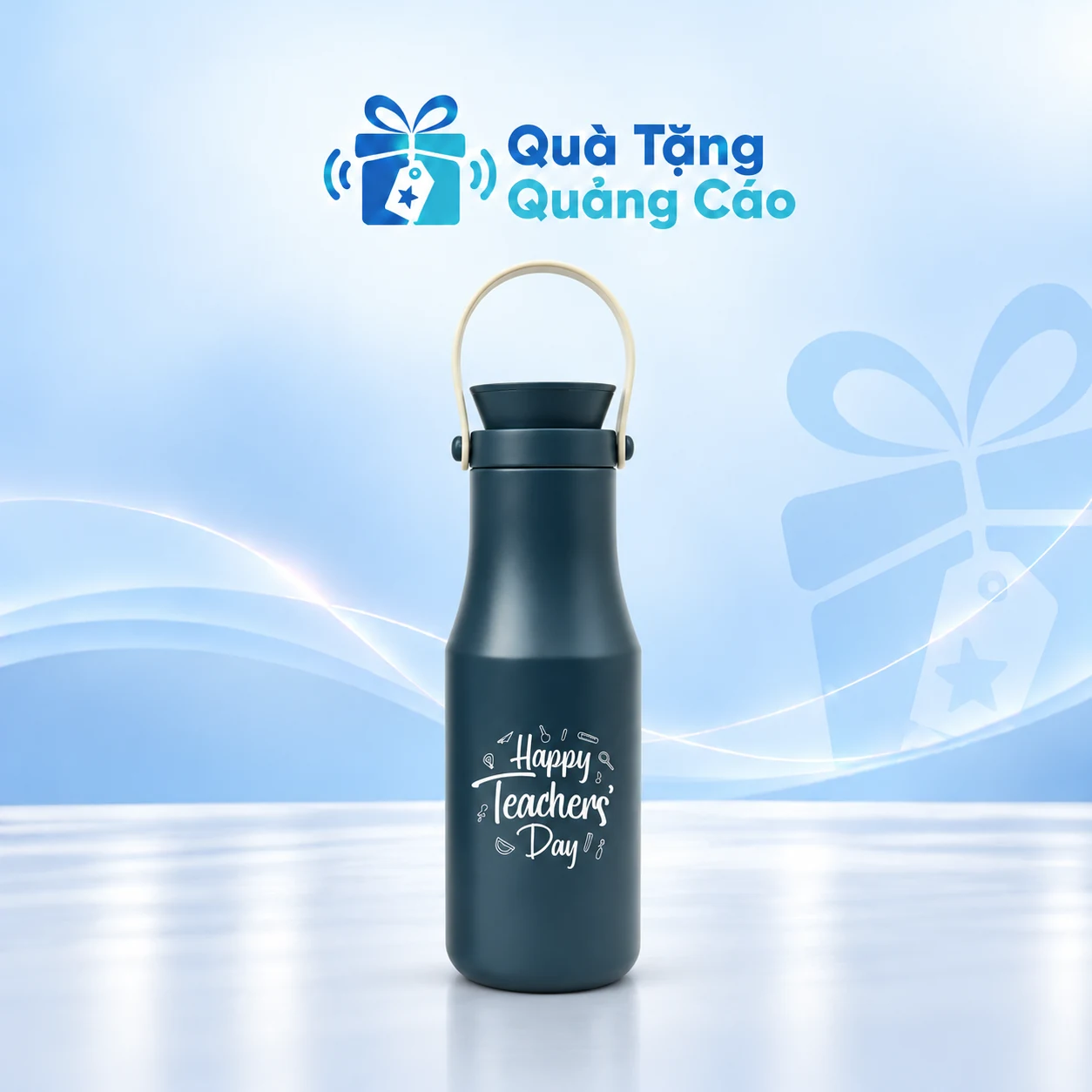 Bình giữ nhiệt 480 ml xanh đậm quai xách in logo trên nền Quà Tặng Quảng Cáo xanh nhạt Bình giữ nhiệt 480 ml xanh đậm quai xách trên nền Quà Tặng Quảng Cáo xanh nhạt