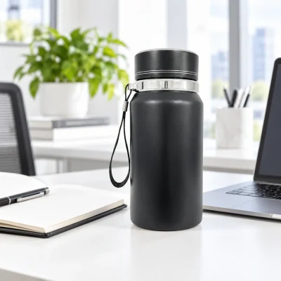 Minh họa bình giữ nhiệt đen 600 ml bên sổ tay và máy tính trên bàn làm việc