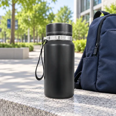 Minh họa bình giữ nhiệt đen 600 ml đặt cạnh ba lô khi đi làm
