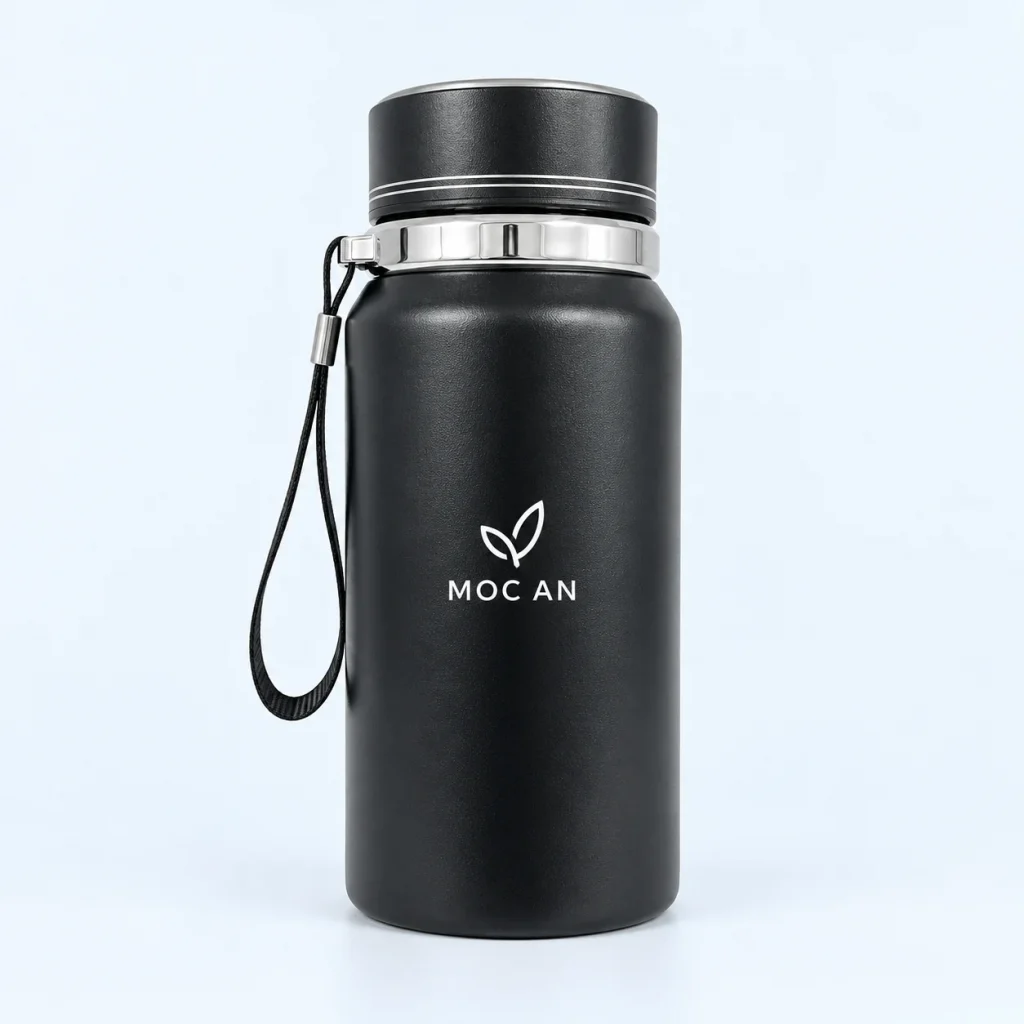 Mô phỏng logo MOC AN màu trắng trên thân bình giữ nhiệt đen 600 ml