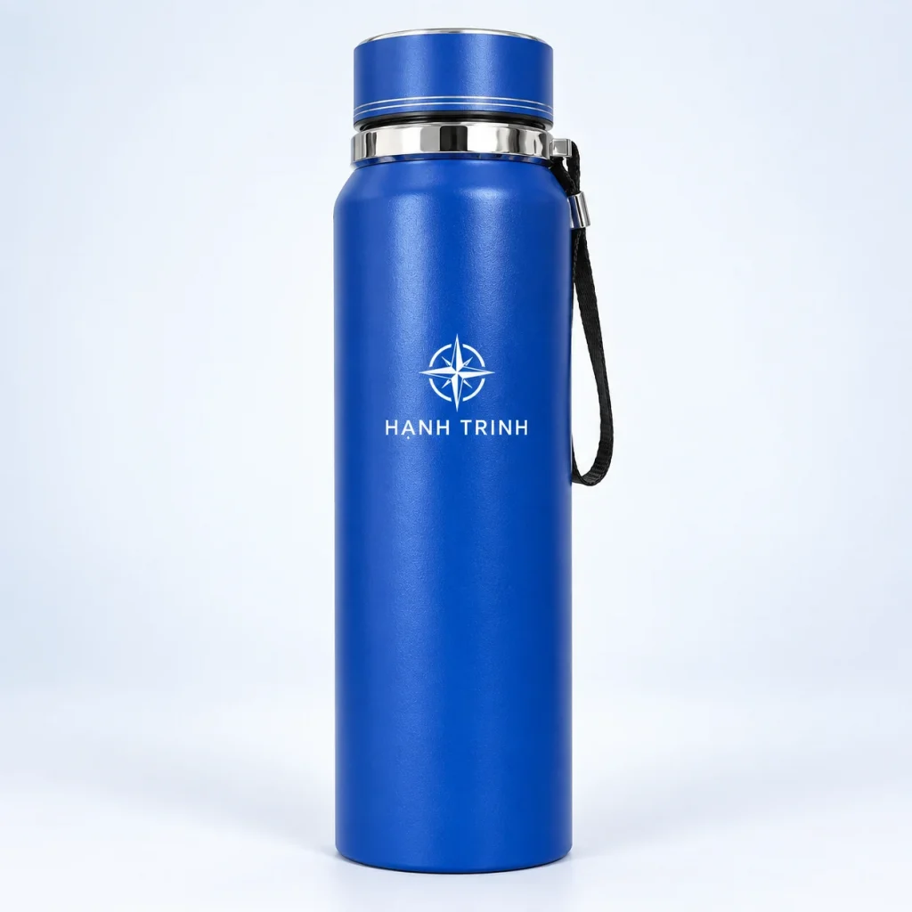 Mô phỏng logo HANH TRINH màu trắng trên bình giữ nhiệt xanh 800 ml