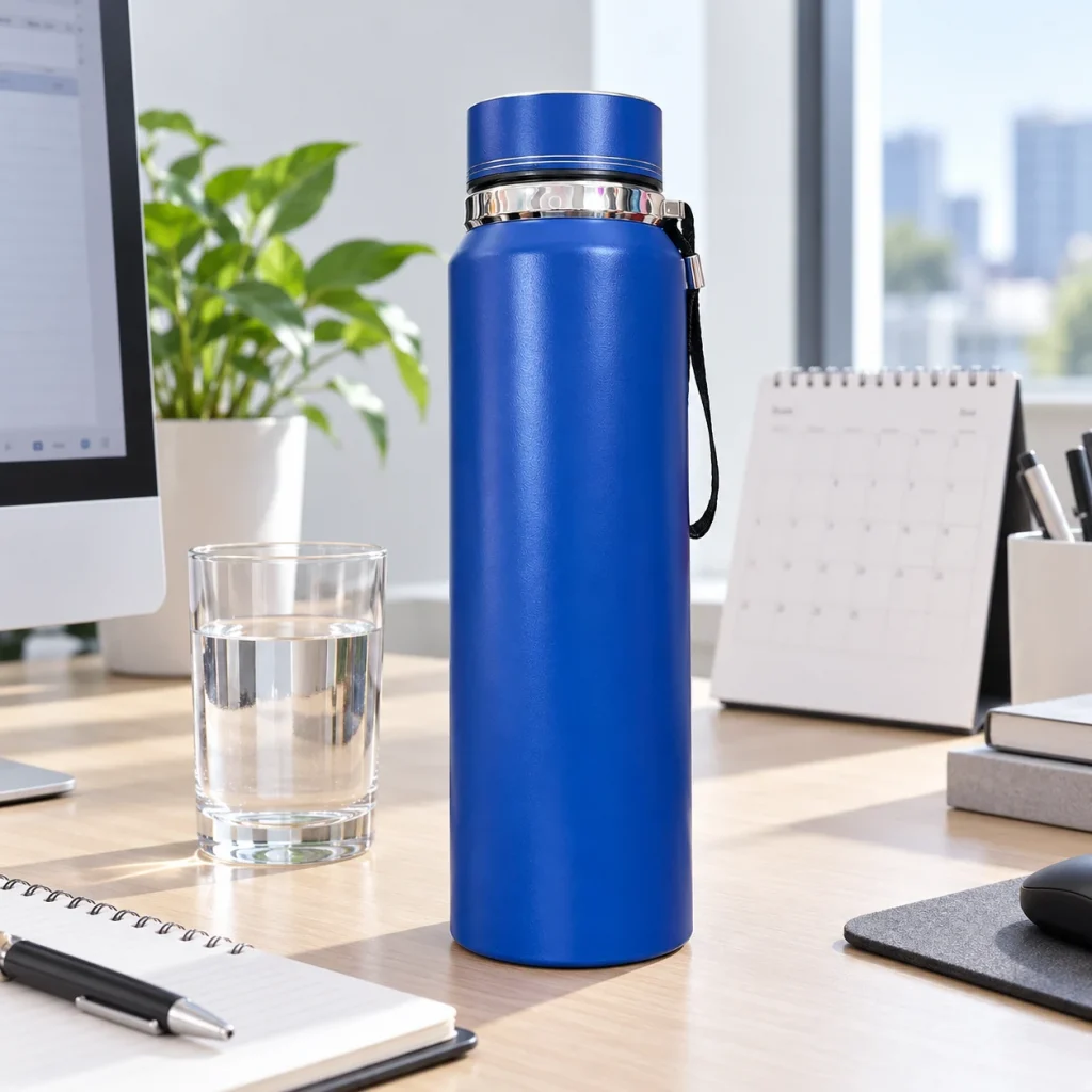 Minh họa bình giữ nhiệt xanh 800 ml bên ly và sổ trên bàn làm việc