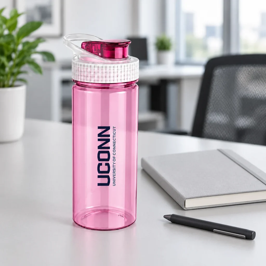 Minh họa bình hồng 500 ml cạnh sổ và bút tại bàn làm việc