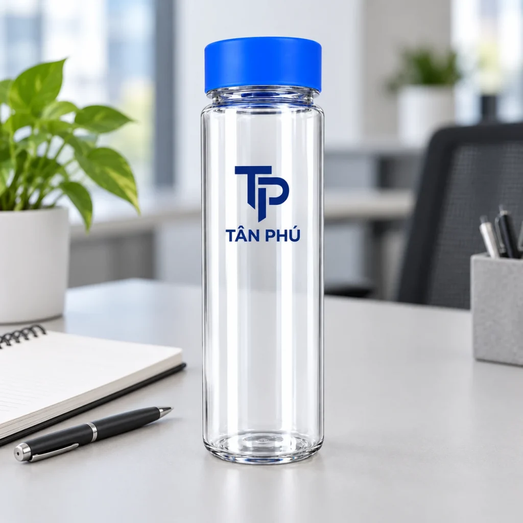 Minh họa bình 500 ml nắp xanh với logo TÂN PHÚ cạnh sổ và bút