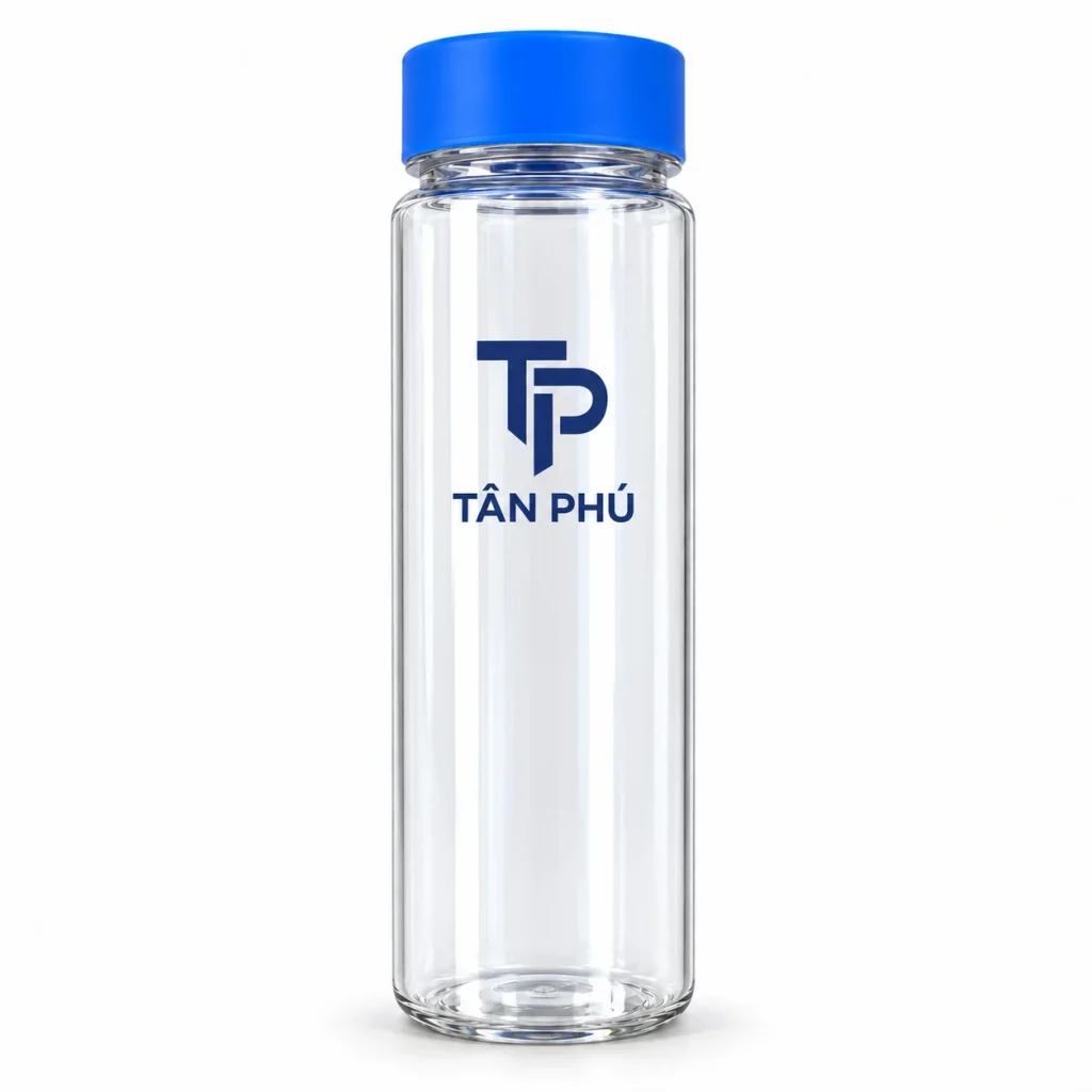 Minh họa biểu tượng TP và tên TÂN PHÚ xanh trên bình 500 ml nắp xanh dương