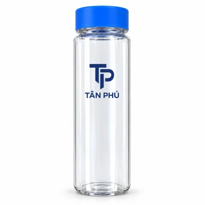 Minh họa biểu tượng TP và tên TÂN PHÚ xanh trên bình 500 ml nắp xanh dương