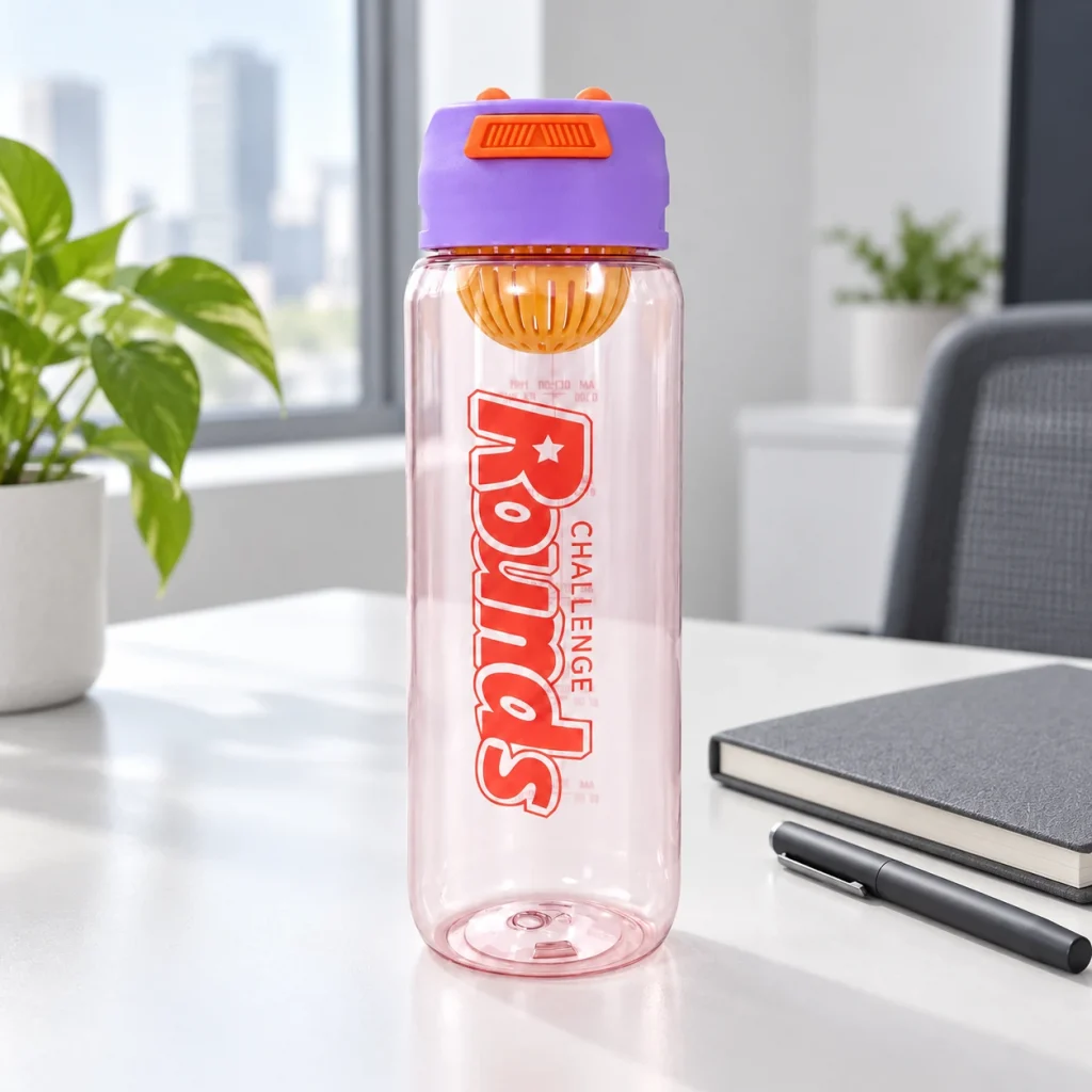 Minh họa bình 600 ml nắp tím cạnh sổ và bút trên bàn làm việc