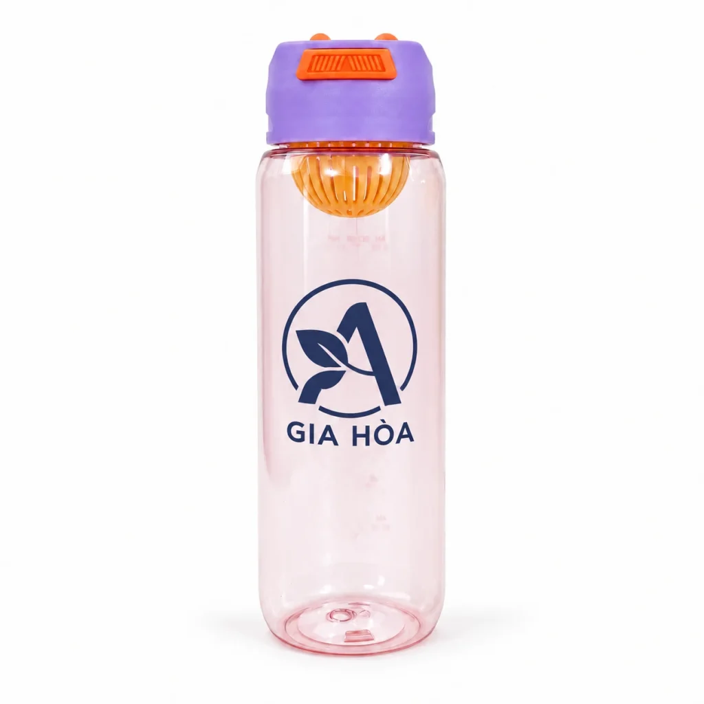 Minh họa nhận diện GIA HÒA xanh đậm trên bình 600 ml nắp tím
