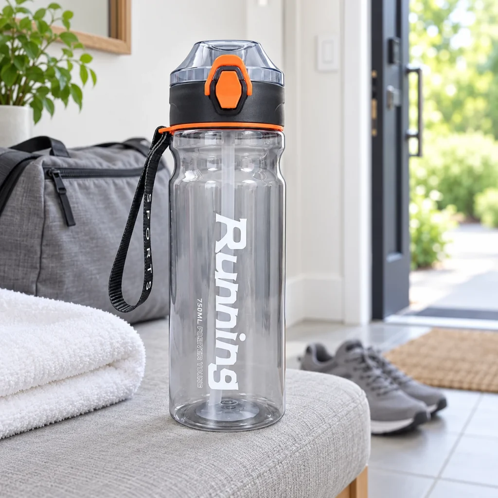 Minh họa bình nước750 ml nắp đen cam cạnh khăn và túi lúc chuẩn bị đi bộ
