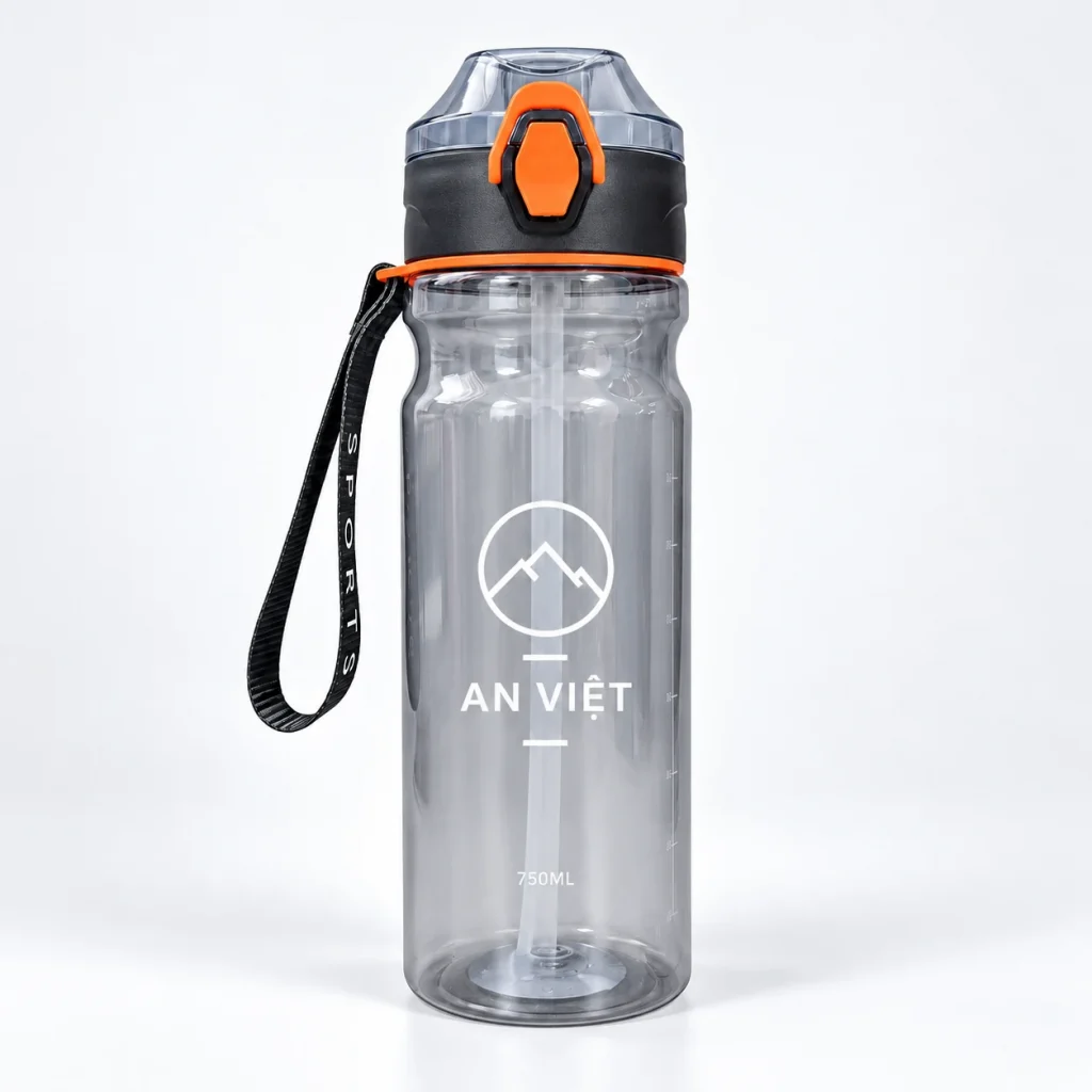 Mô phỏng nhận diện AN VIỆT trên bình nước750 ml nắp đen cam