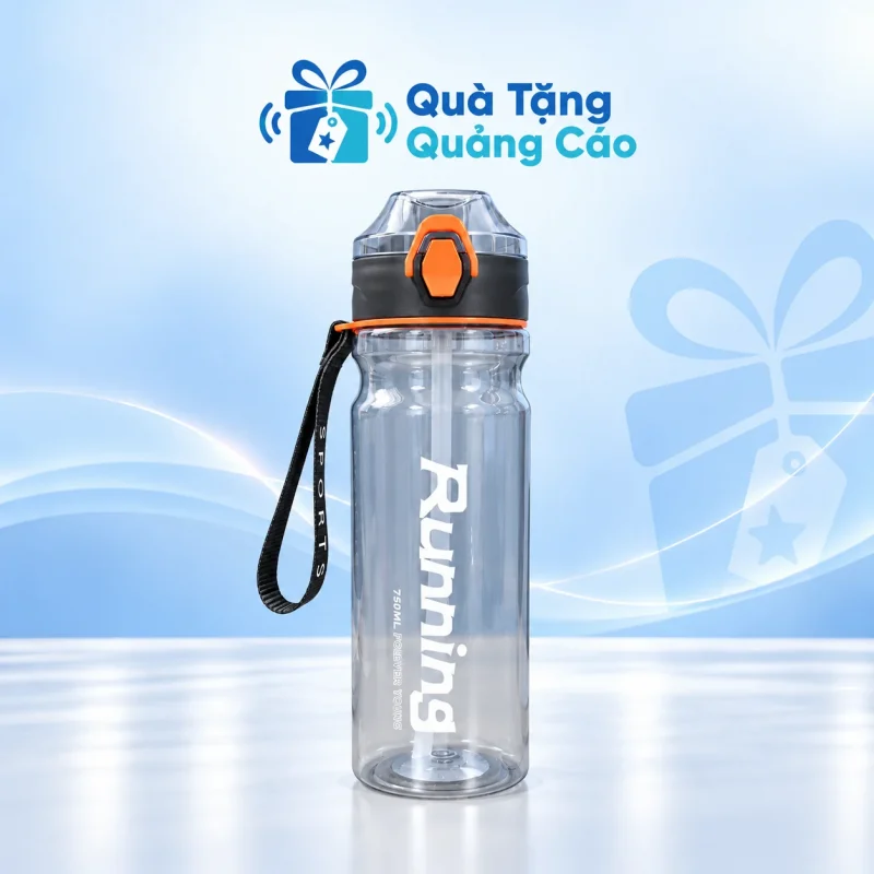 Bình nước 750 ml nắp đen viền cam in logo