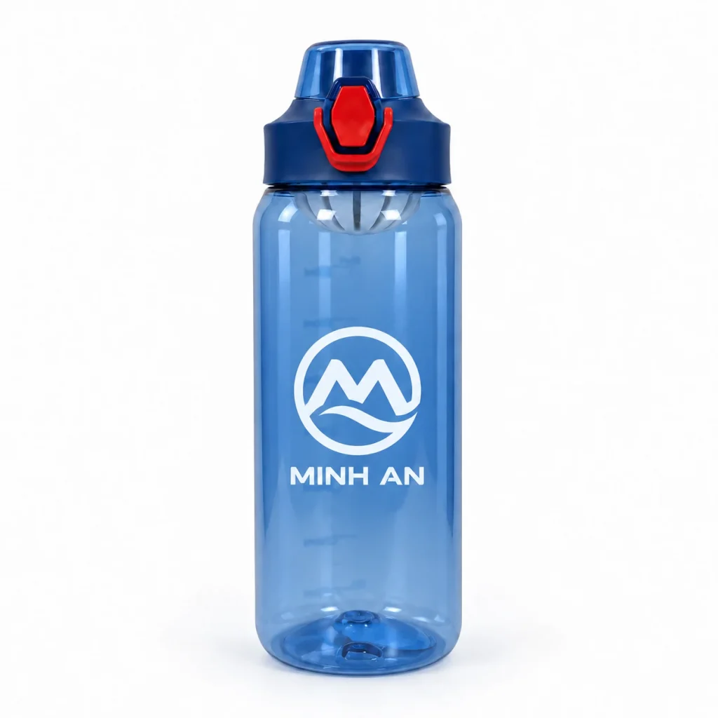 Mô phỏng nhận diện MINH AN trên bình 800 ml xanh dương chốt đỏ