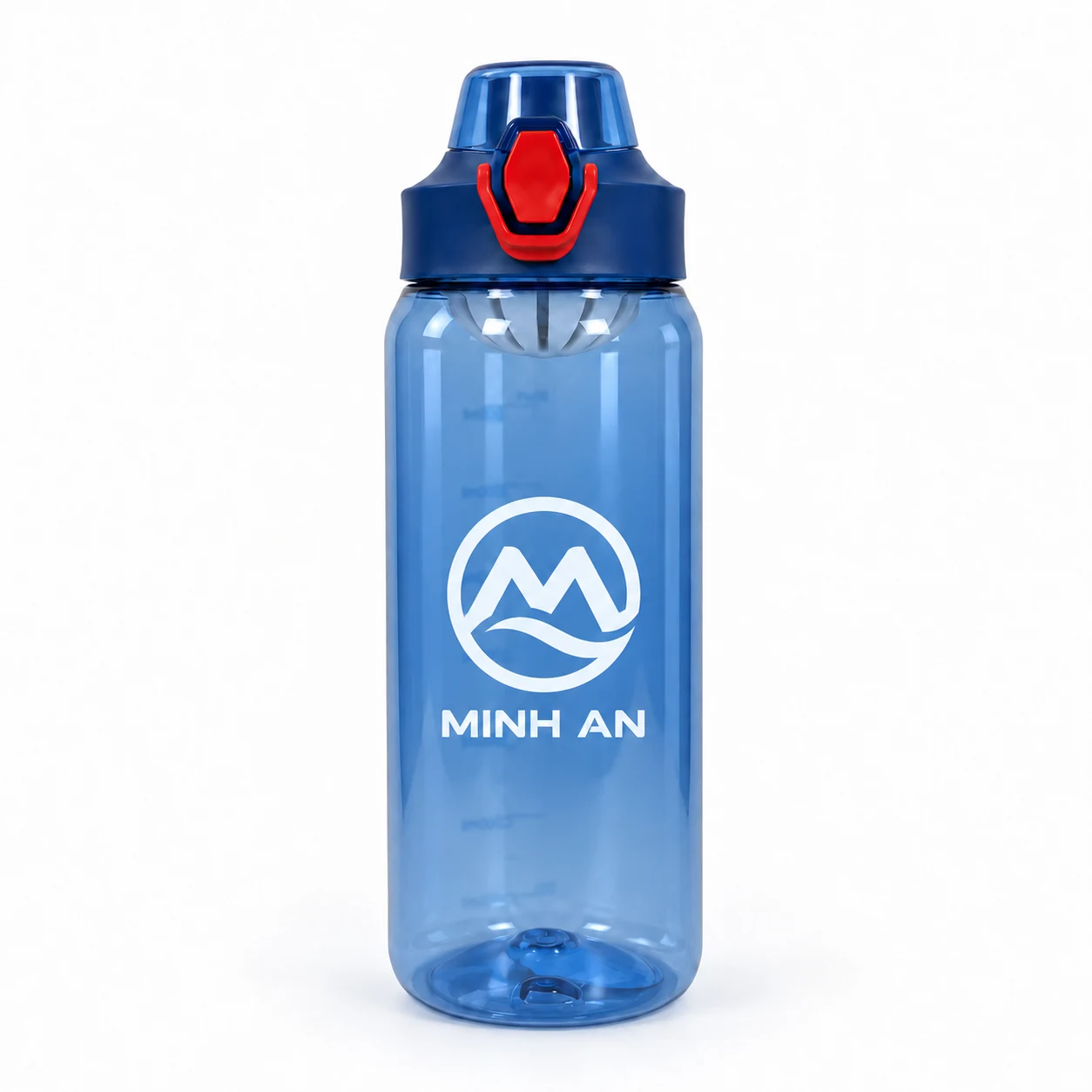 Mô phỏng nhận diện MINH AN trên mặt trước bình 800 ml xanh chốt đỏ Mô phỏng nhận diện MINH AN trên bình 800 ml xanh dương chốt đỏ
