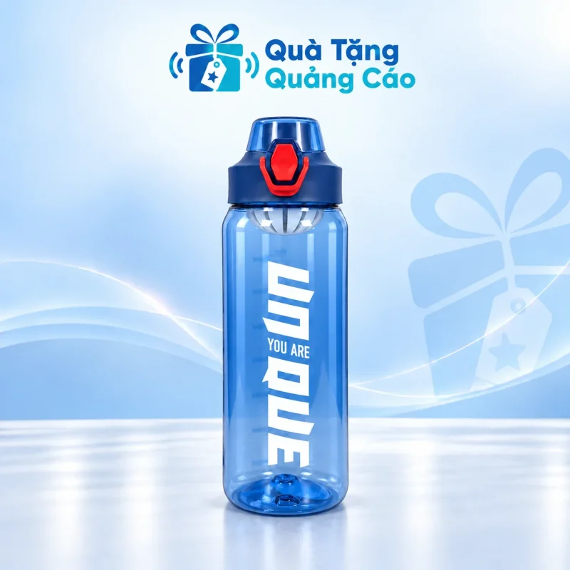 Bình nước 800 ml xanh dương nắp chốt đỏ in logo