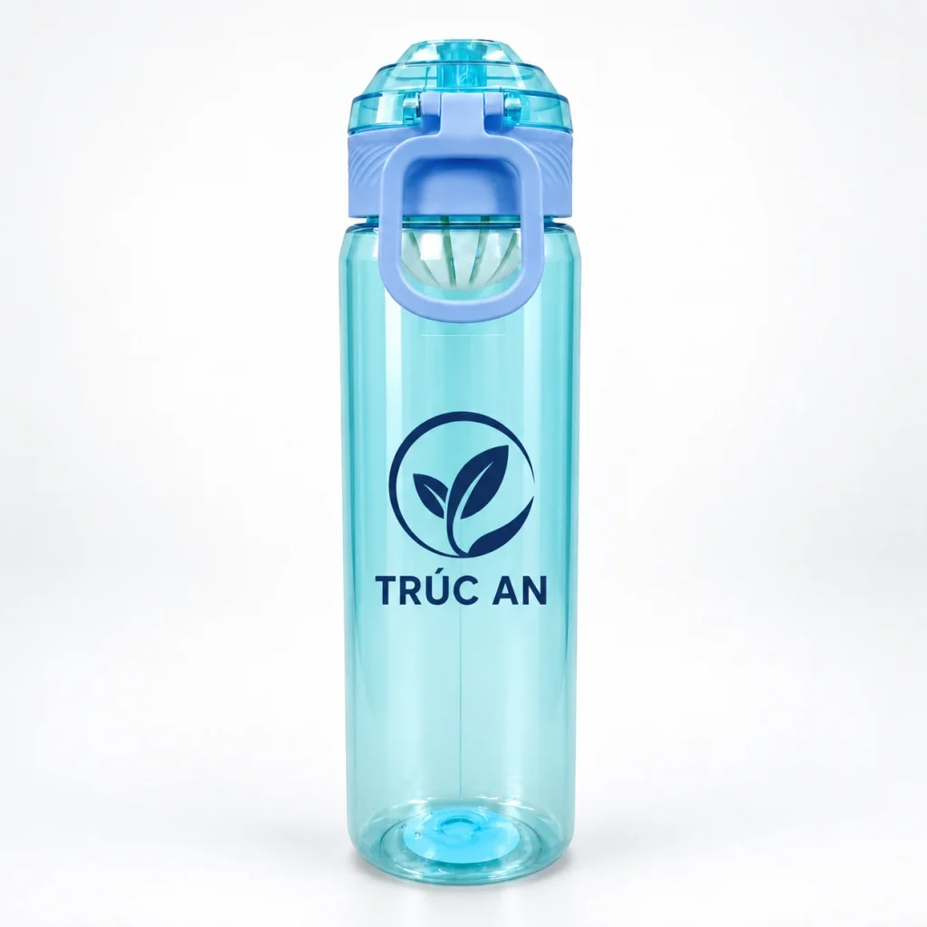 Mô phỏng nhận diện TRÚC AN trên bình nước 800 ml xanh mint