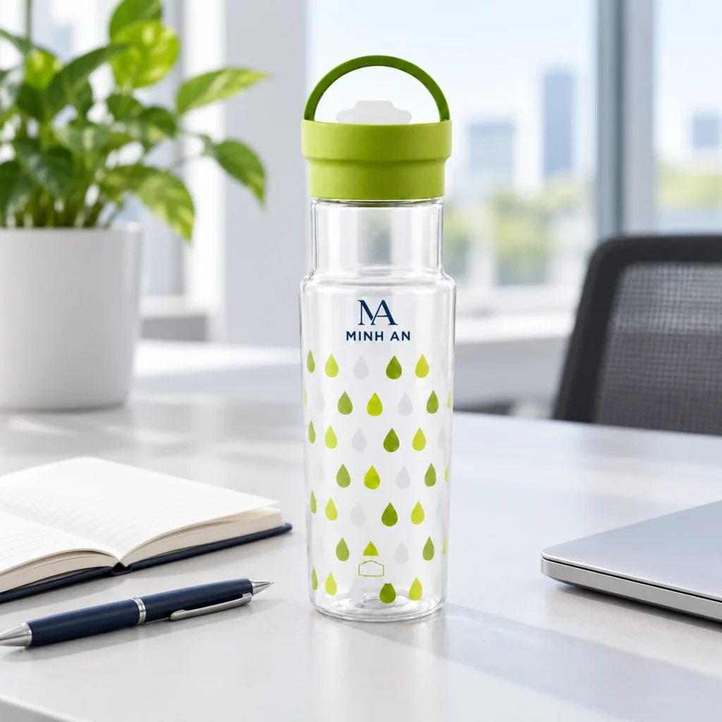 Minh họa bình LocknLock 500 ml xanh với logo MINH AN cạnh sổ, bút và máy tính