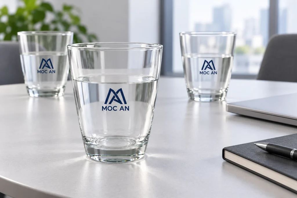 Minh họa ly MT38-13 in logo trên bàn tiếp khách