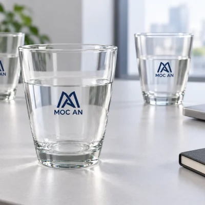 Minh họa ly MT38-13 in logo trên bàn tiếp khách