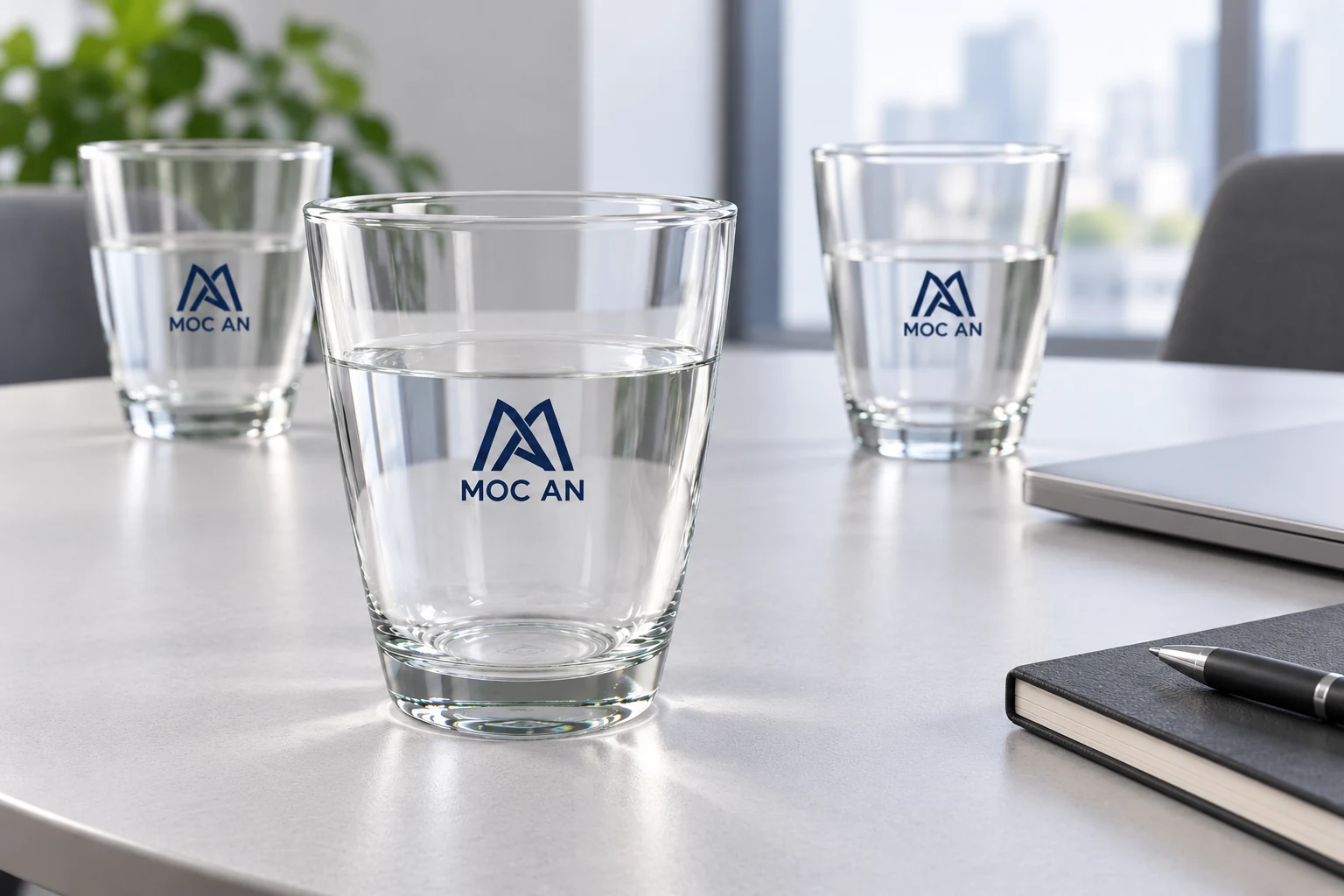 Minh họa ly MT38-13 in logo trên bàn tiếp khách Minh họa ly MT38-13 in logo trên bàn tiếp khách