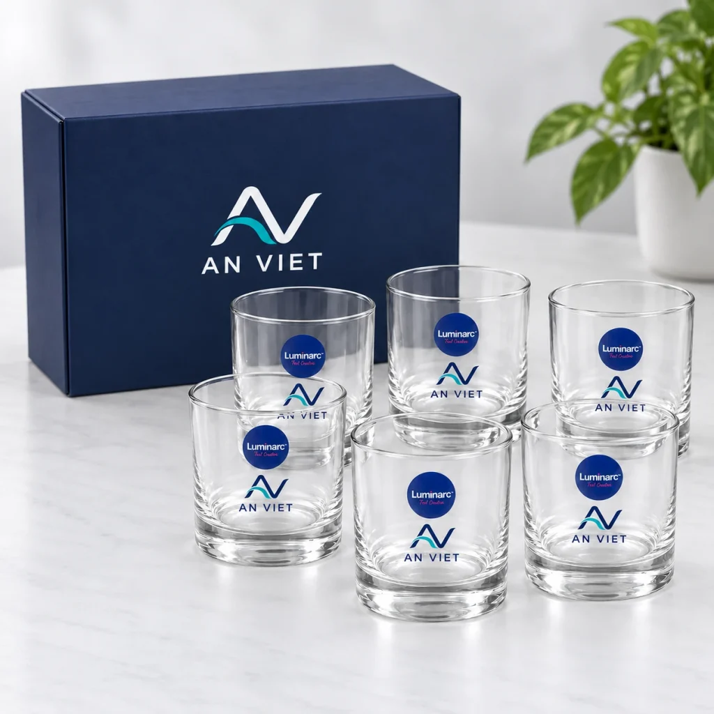 Minh họa sáu ly Luminarc 19122 cạnh hộp xanh đậm với nhận diện AN VIET